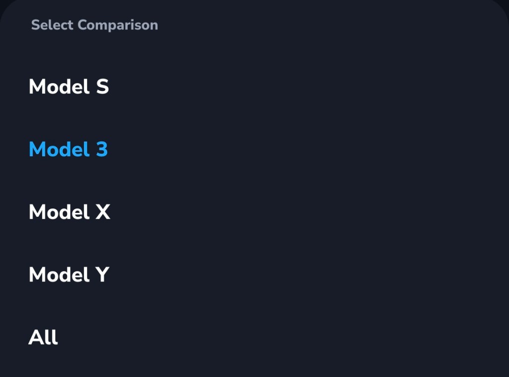 Vehicles types available for comparison